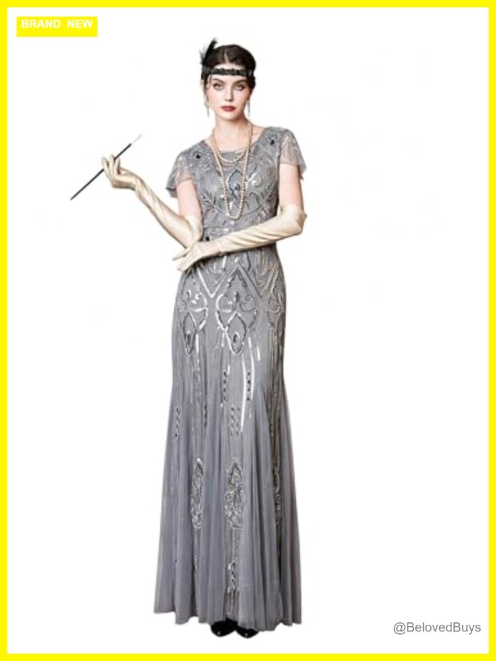 1920s Gatsby Sequin Maxi Flapper Dress Grey Formal Gown